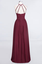 Affordable Halter Sleeveless Long Burgundy Bridesmaid Dress with Ruffle-27dress